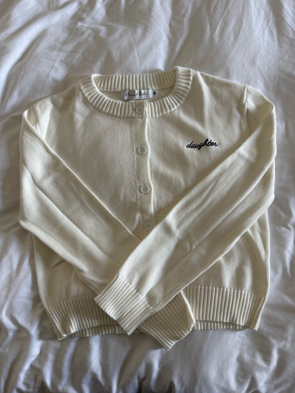 Daughter Embroidered Cream Crewneck Cardigan Sweater